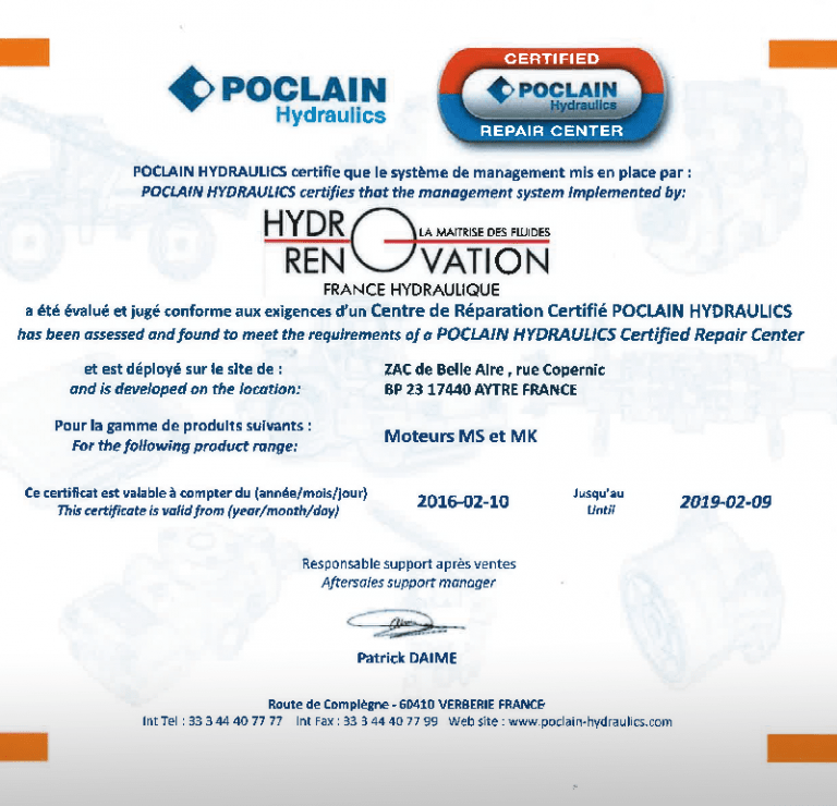 POCLAIN Hydraulics réparation pompe et moteur HYDRO RENOVATION