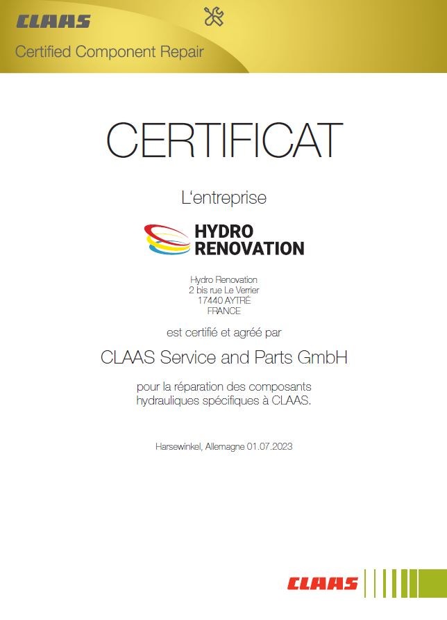 Certification HYDRO RENOVATION agrée claas réparation hydraulique
